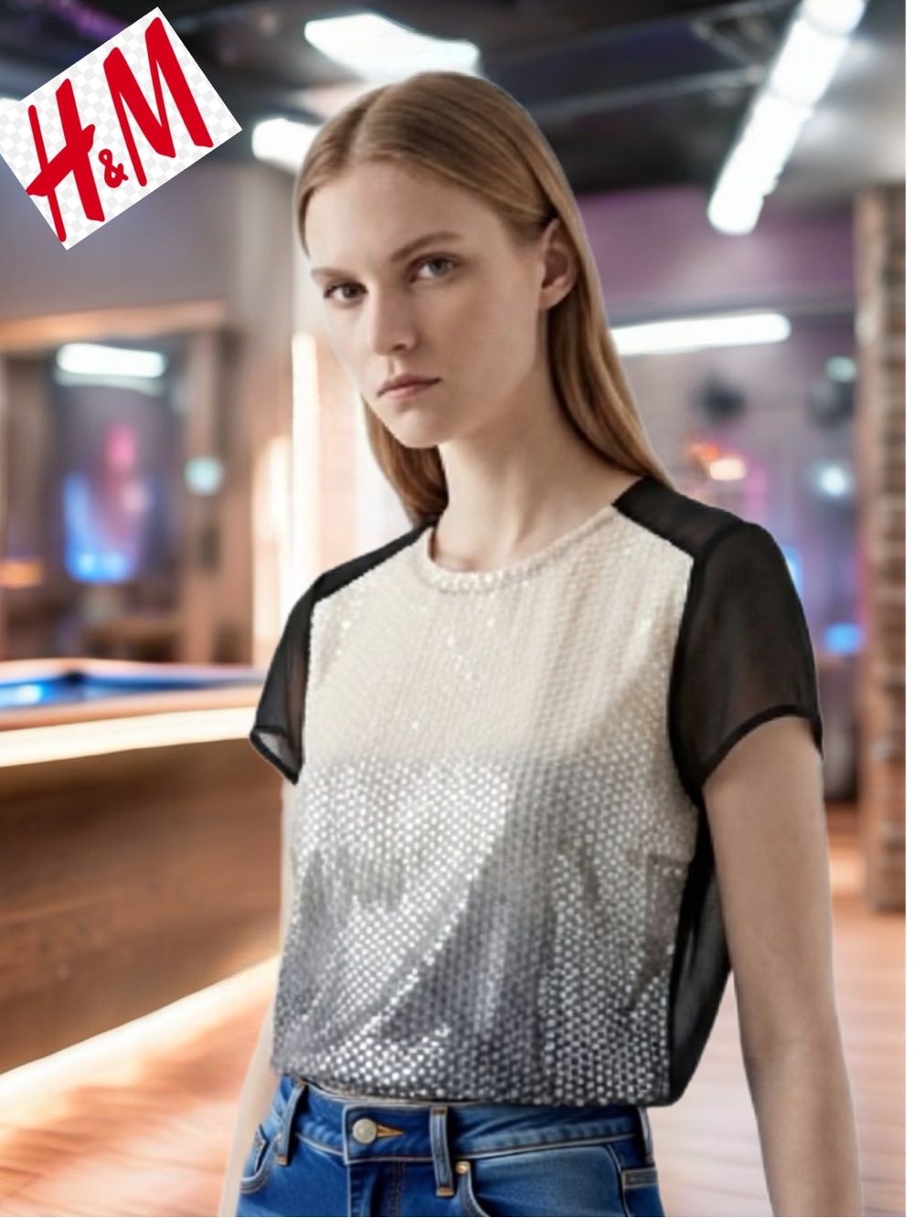 H&M Black & Cream Sequin Ombre Short-Sleeve Top